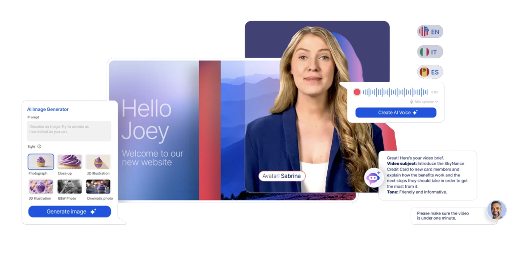 SundaySky's AI features together: the image generator panel, an avatar presenting in a scene, language options, an AI voice recorder, and the Copilot drafting a video brief.