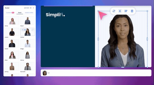 The stock avatar library open beside a presenter placed into a branded scene.