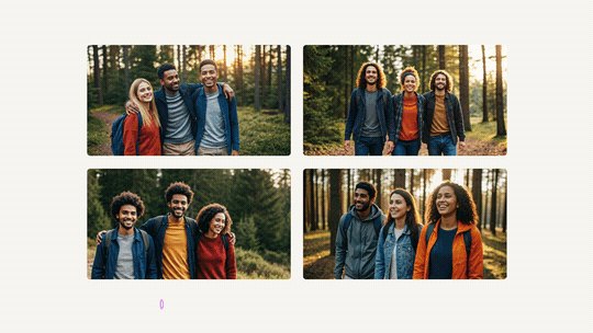 Four AI-generated images of people outdoors, appearing as they finish generating.