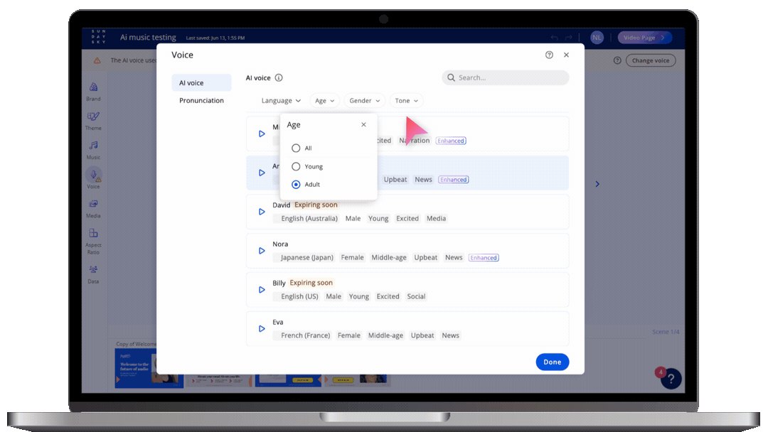 The voice panel filtering AI narration by language, age, gender and tone.
