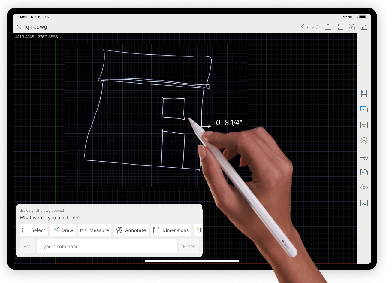 The freehand drawing tool active on a CAD plan.