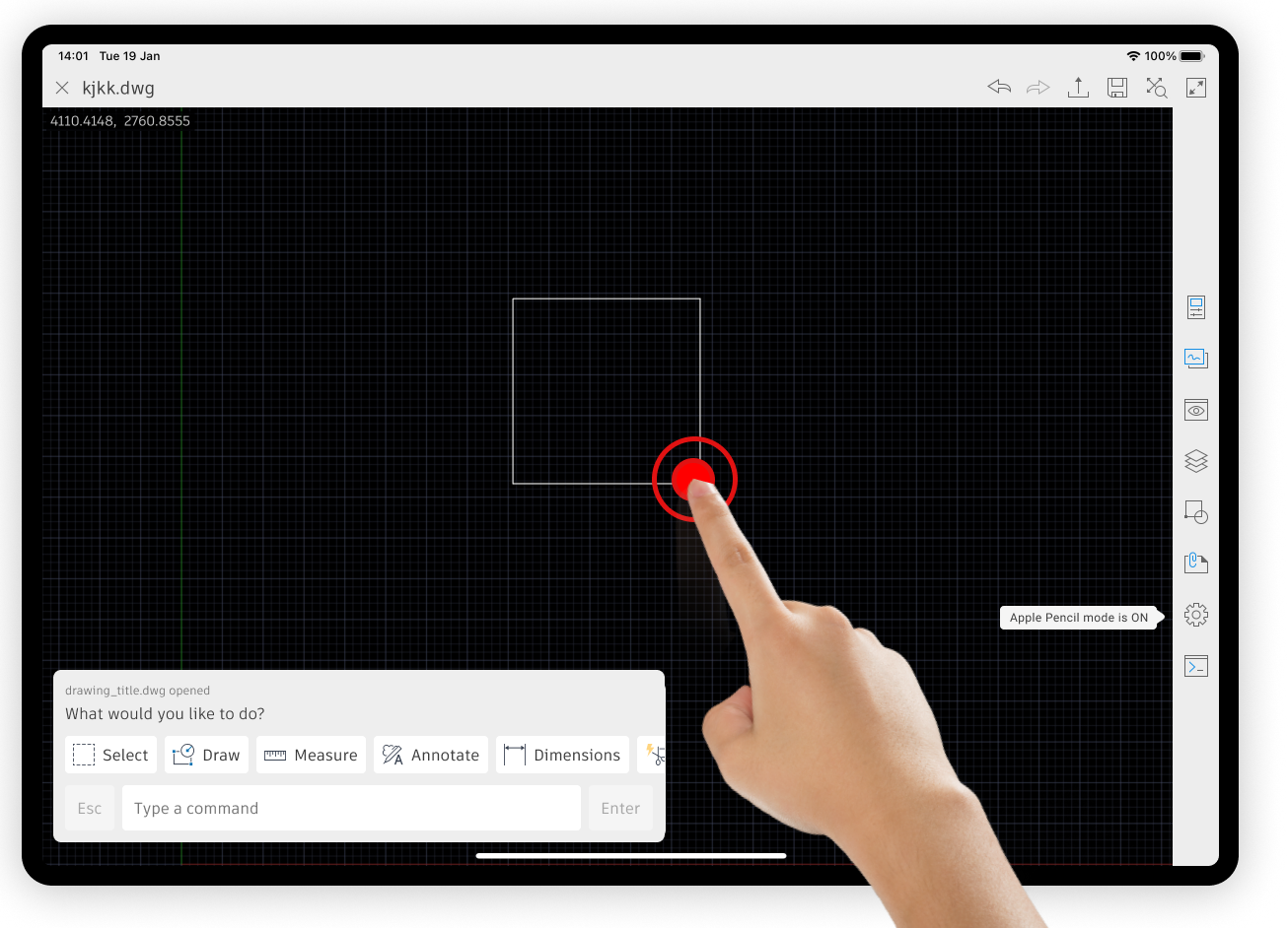 Pencil mode enabled, with finger input suppressed on the canvas.