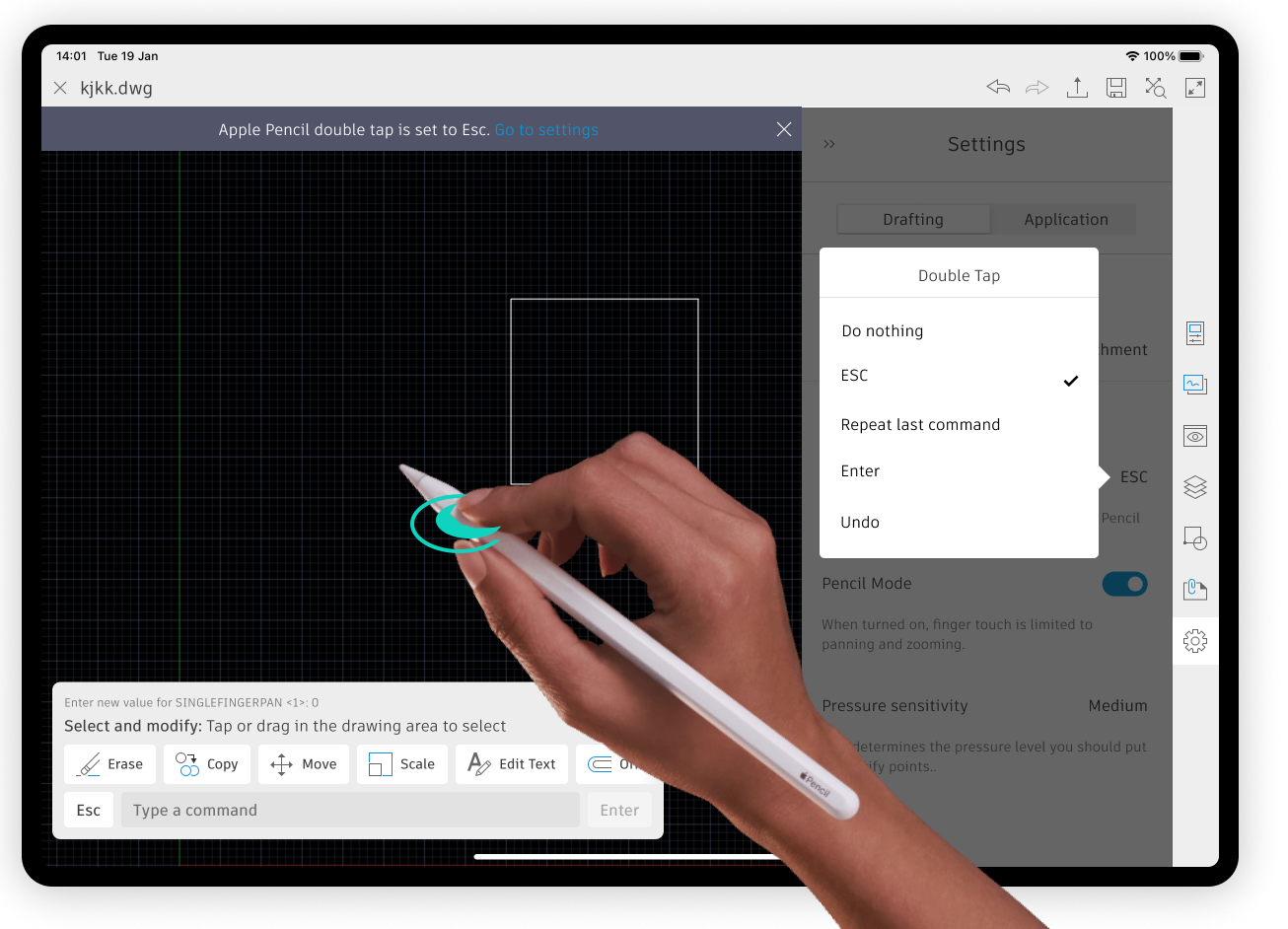 Double-tap shortcut settings offering undo, eraser and tool switch.