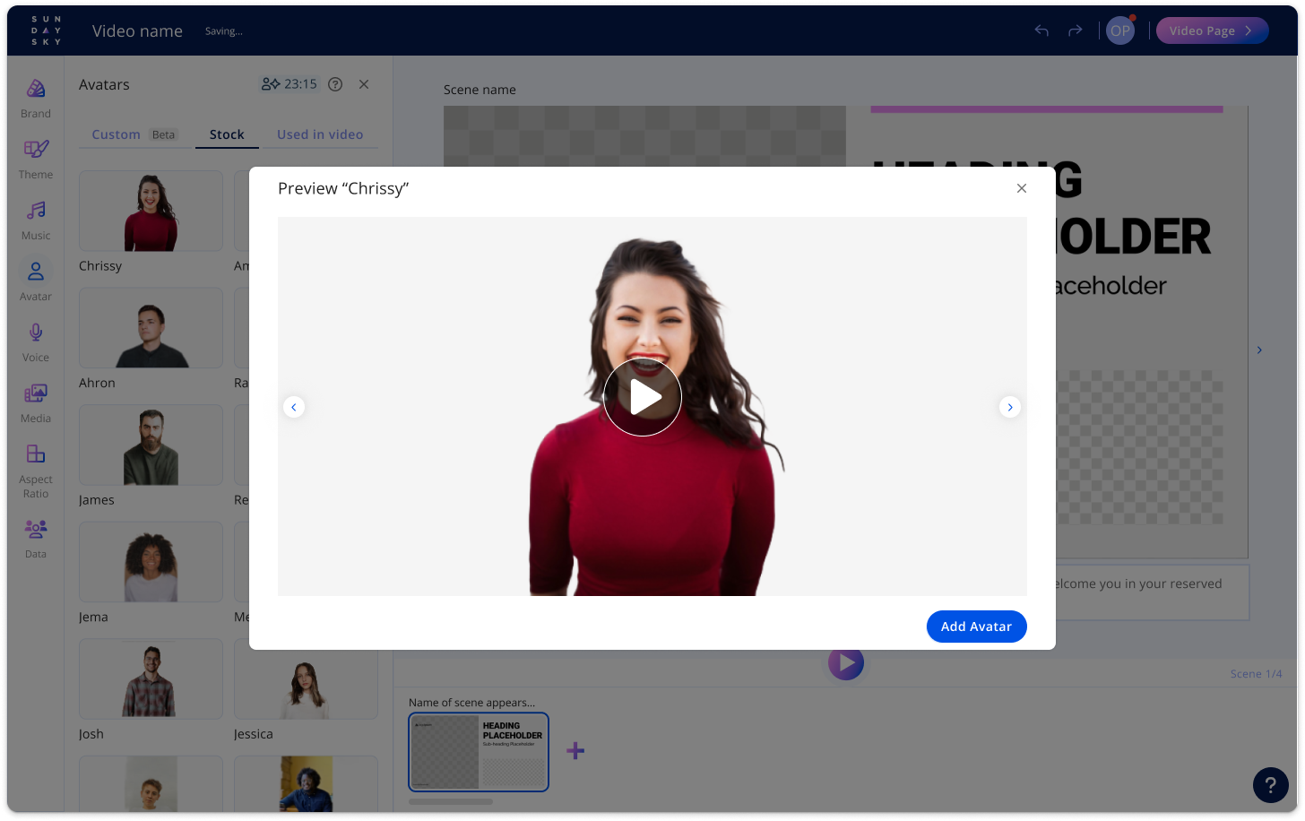 Avatar preview playing a sample line so lip-sync and appearance can be checked.