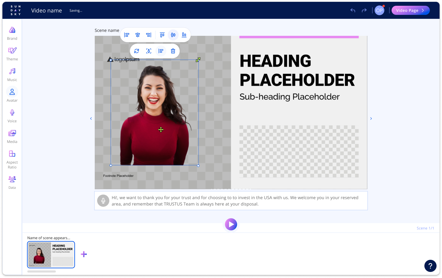 An avatar being resized in the scene using corner handles and the scene toolbar.