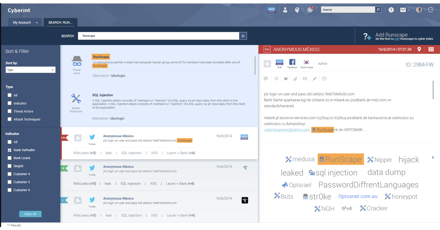 Saved searches and folders in the left rail, with multiple investigations open as tabs.
