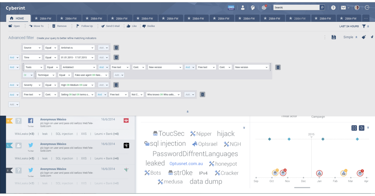 The advanced filter panel pinned open above the grid, composing a boolean query across indicator fields.