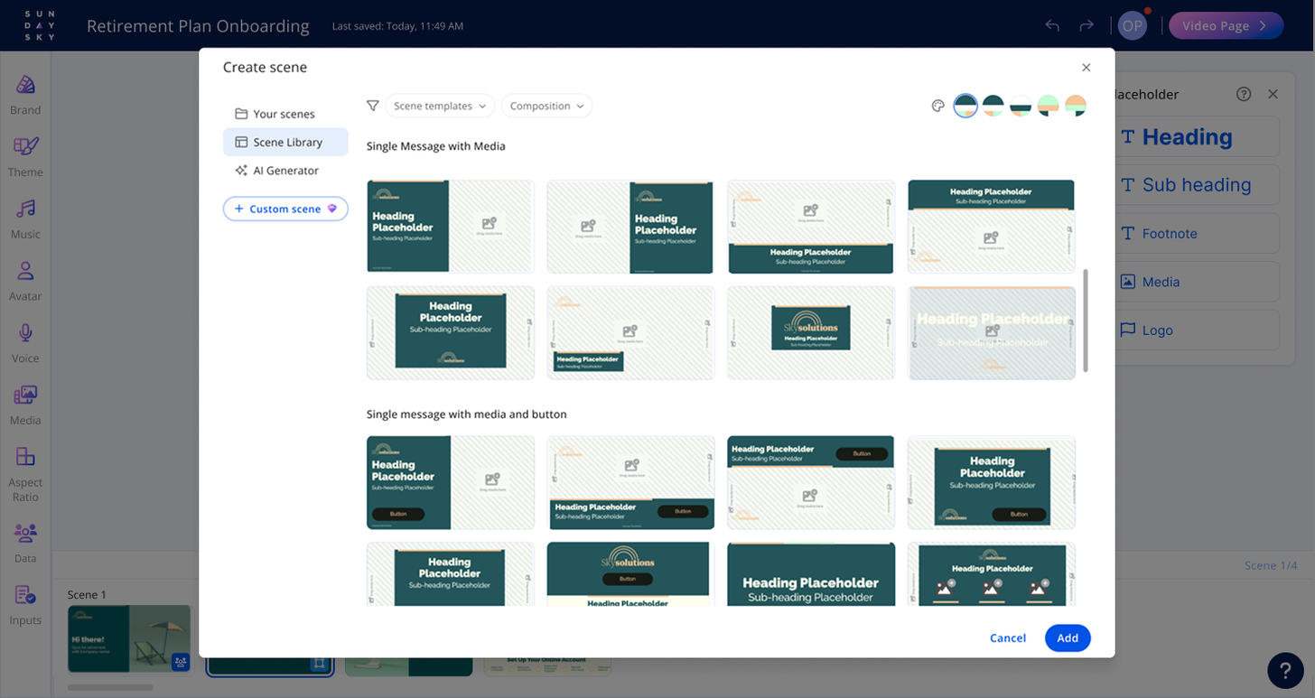 The Create scene dialog: the scene library fills the right, with the Custom scene button in the left sidebar beneath Your scenes, Scene Library and AI Generator.