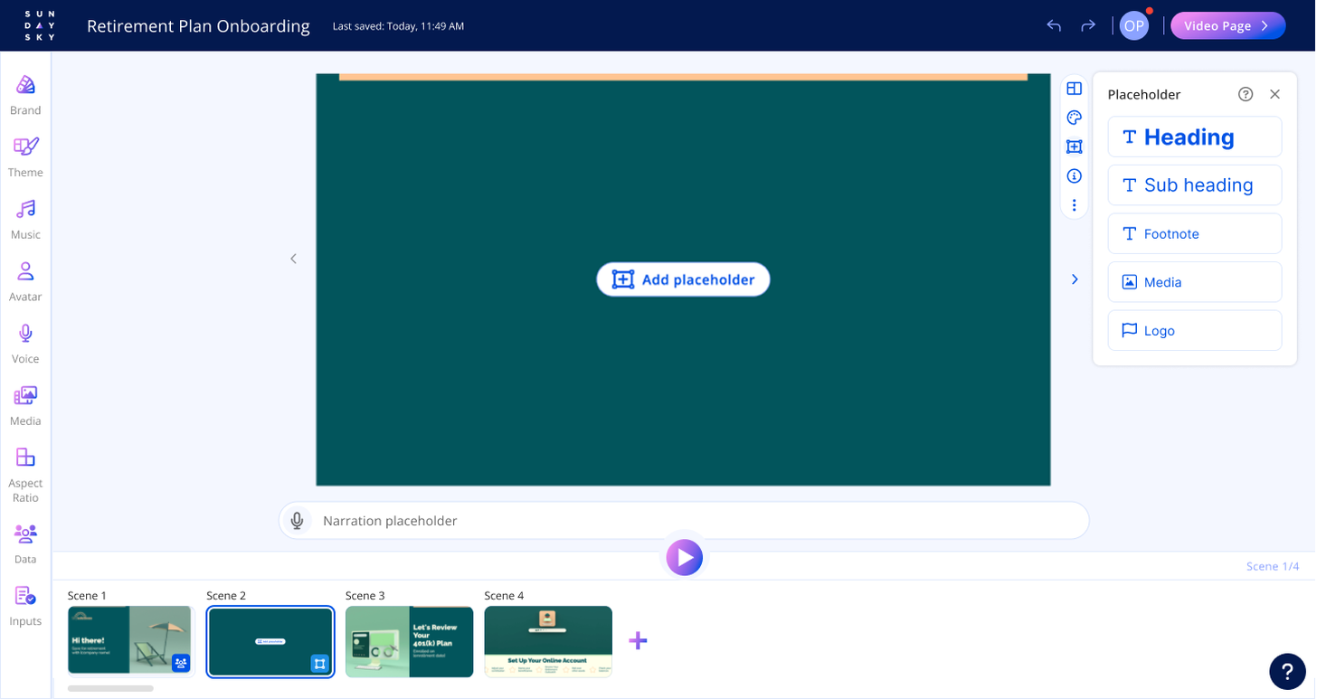 An empty custom scene with Add placeholder on the canvas, and the placeholder panel open at right offering Heading, Sub heading, Footnote, Media and Logo.