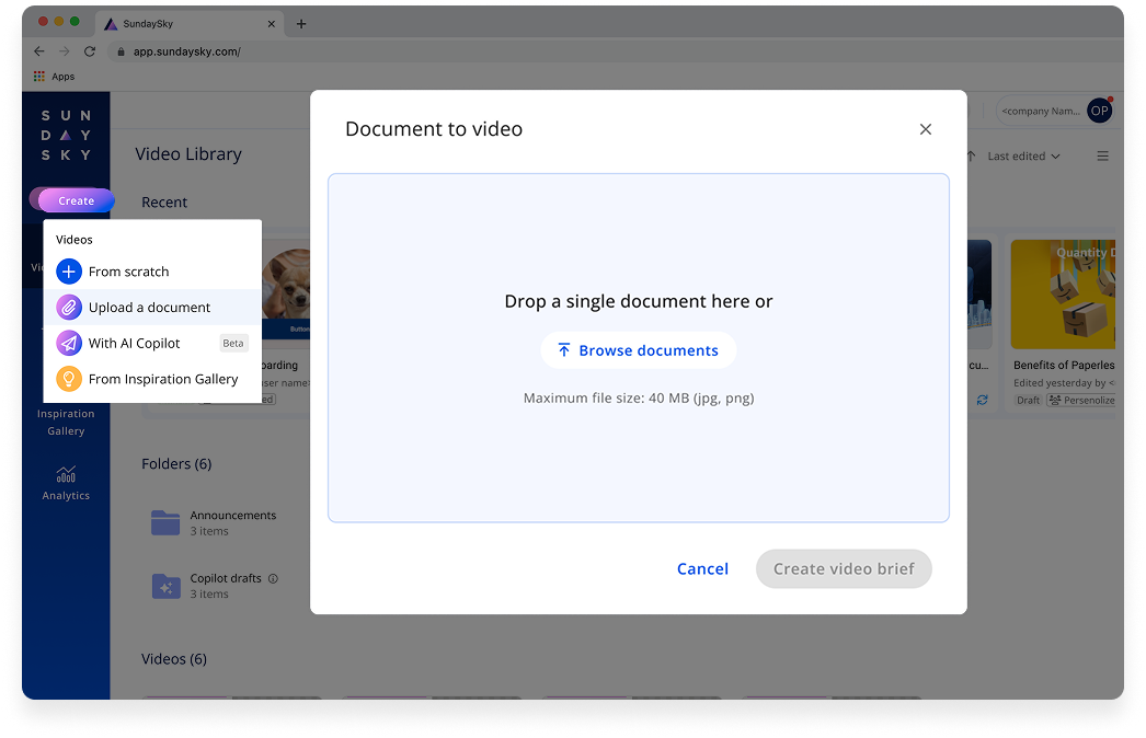 The Document to video dialog: drop a single document or browse, with a 40MB limit stated.