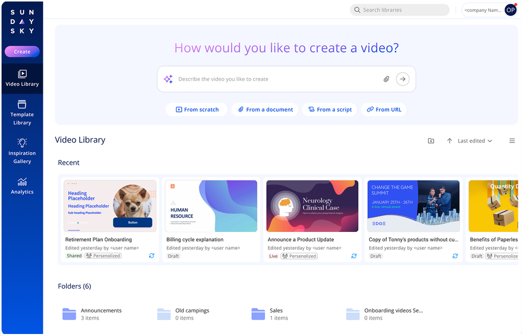 A banner asking how you would like to create a video, offering from scratch, from a document, from a script or from a URL.