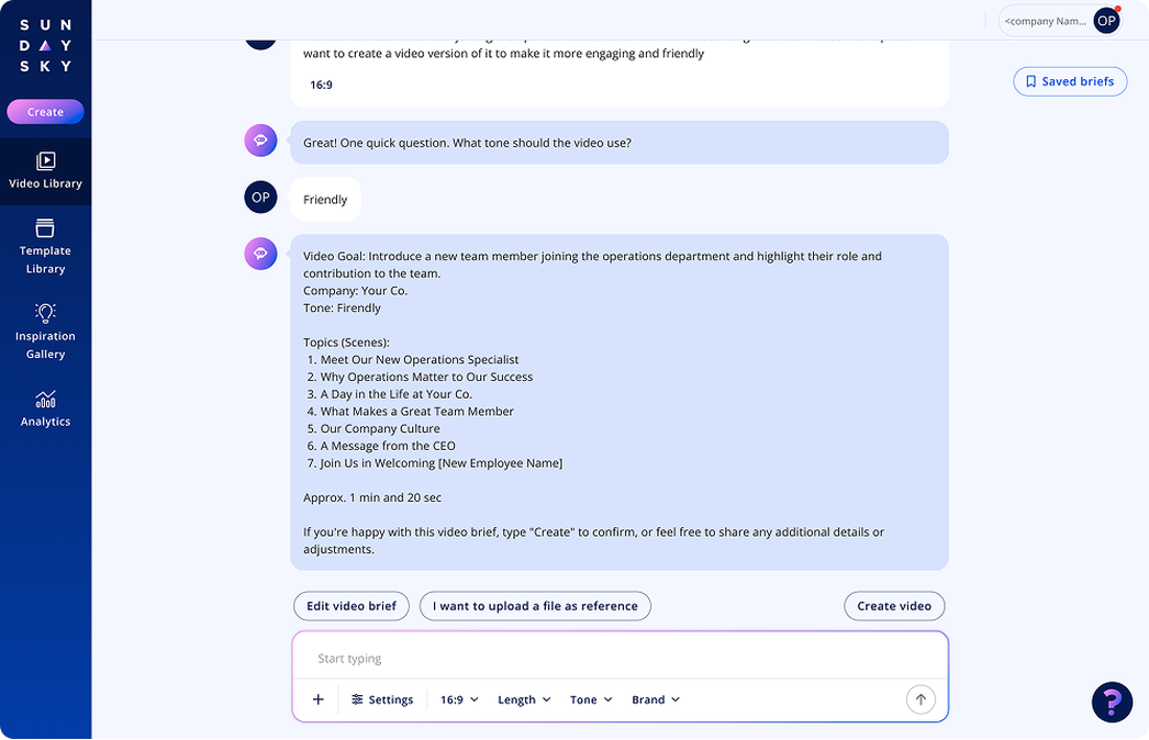 The AI Copilot composing a video brief through structured prompts, with settings along the bottom.