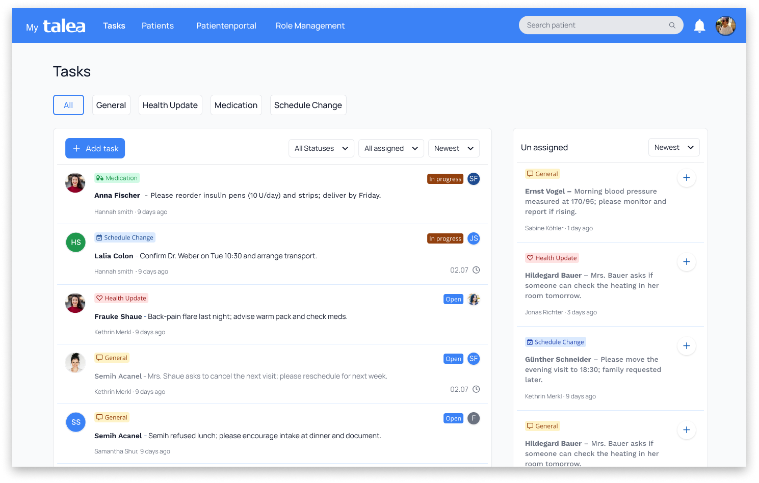 The desktop task board: categorised tasks, status filters and a task preview pane.