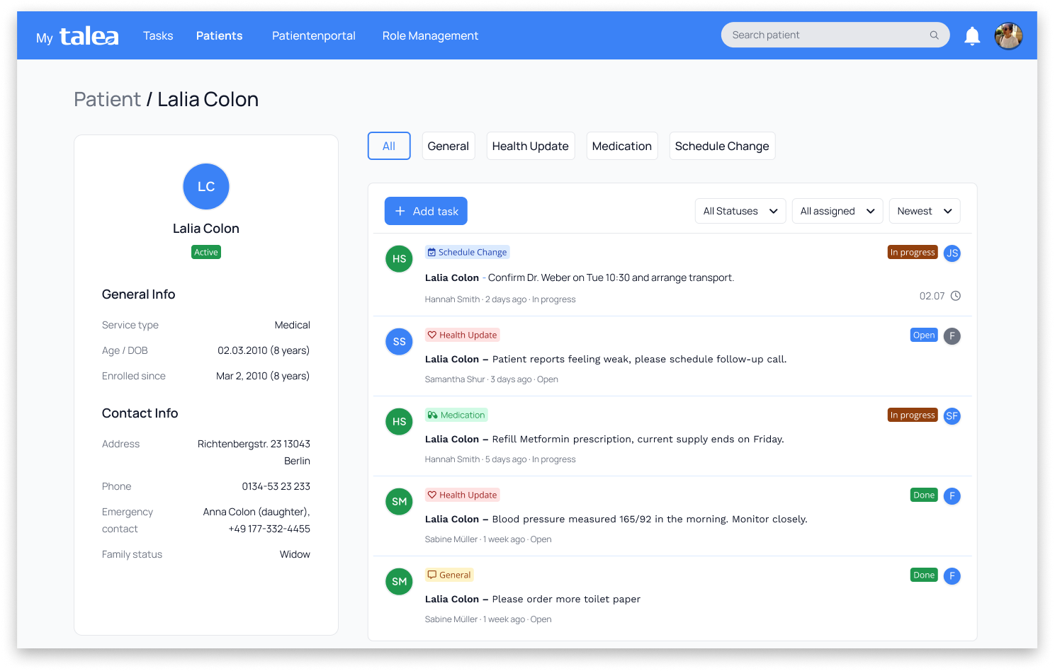 The patient page: summary panel with a patient-scoped task list.