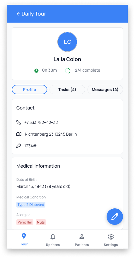 Patient profile with contact and medical information.