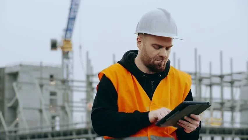 An engineer on a construction site reviewing a drawing on a tablet.