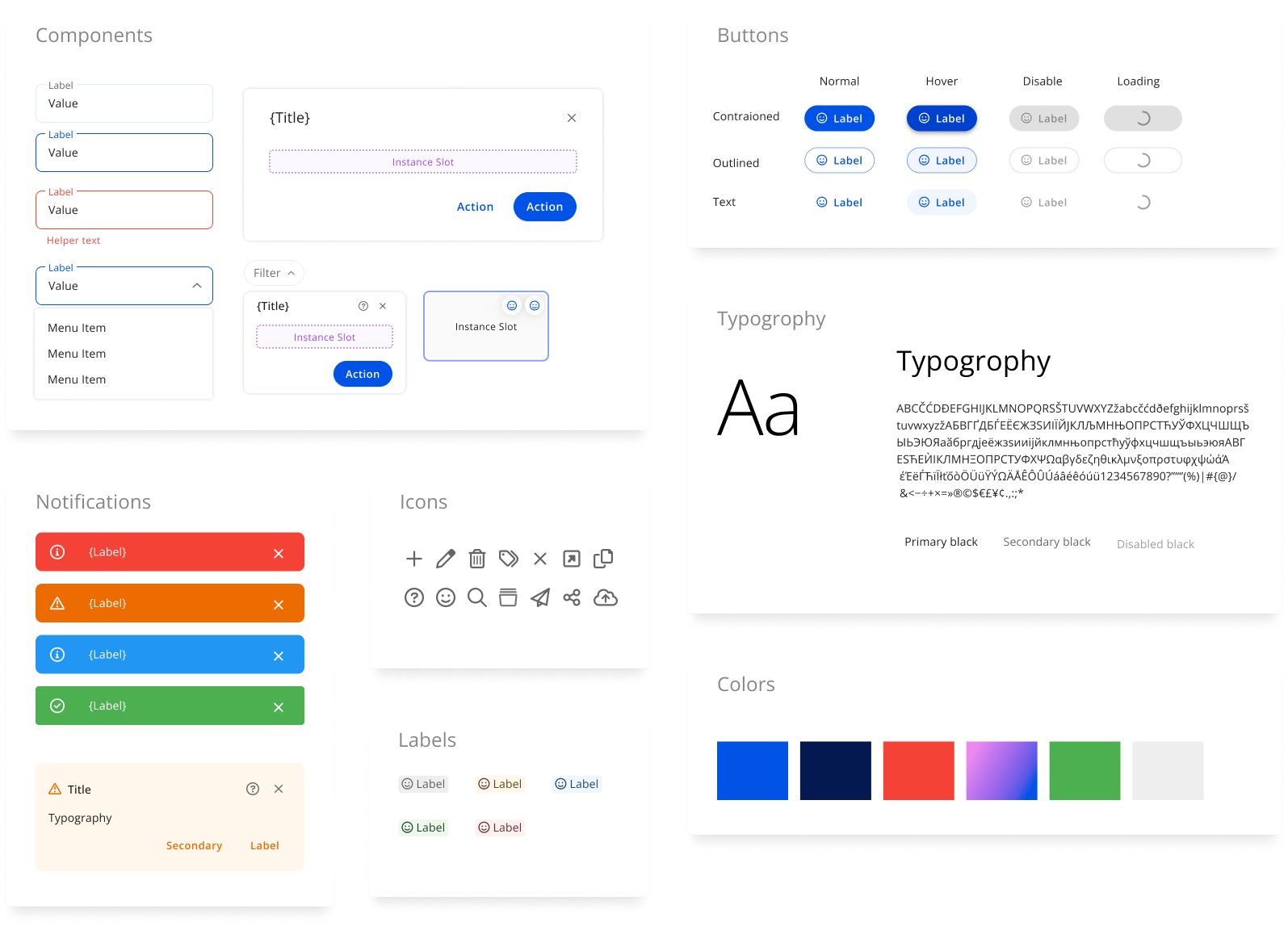 Design system sheet: components, buttons, notifications, icons, typography and colours.