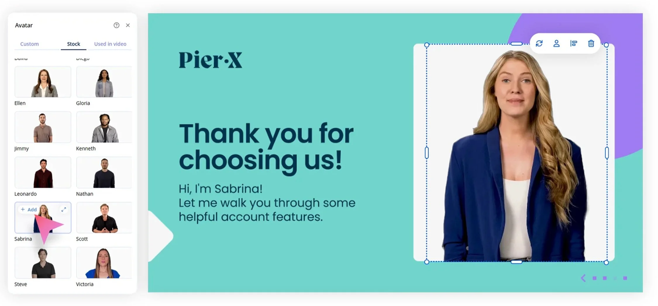The avatar library open beside a finished scene reading “Thank you for choosing us! Hi, I'm Sabrina!”