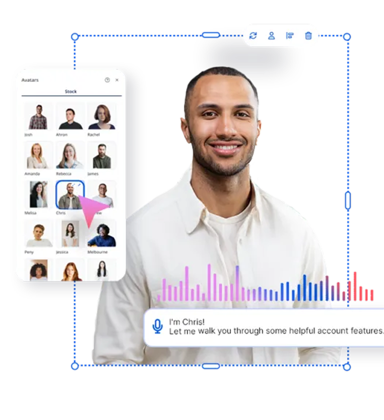 An AI avatar placed in a video scene with selection handles, the stock avatar library open beside it, and the caption “I'm Chris! Let me walk you through some helpful account features.”