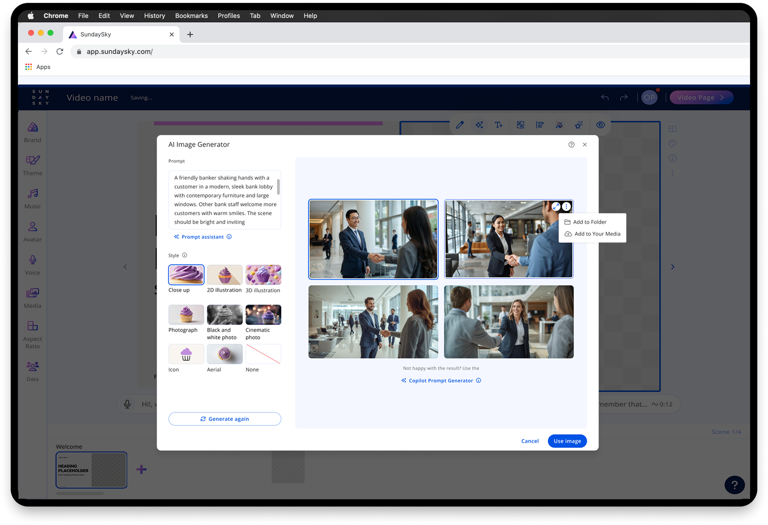 The AI image generator dialog: prompt field and style presets on the left, four generated results on the right, with Add to Folder and Add to Your Media options.