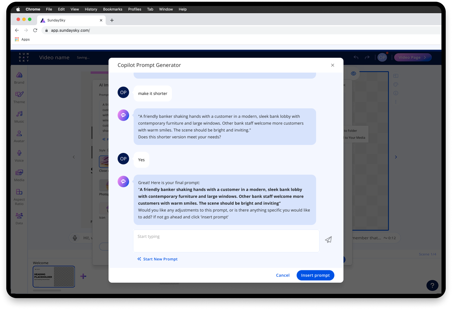 The Copilot Prompt Generator refining a prompt through conversation, ending with an Insert prompt action.