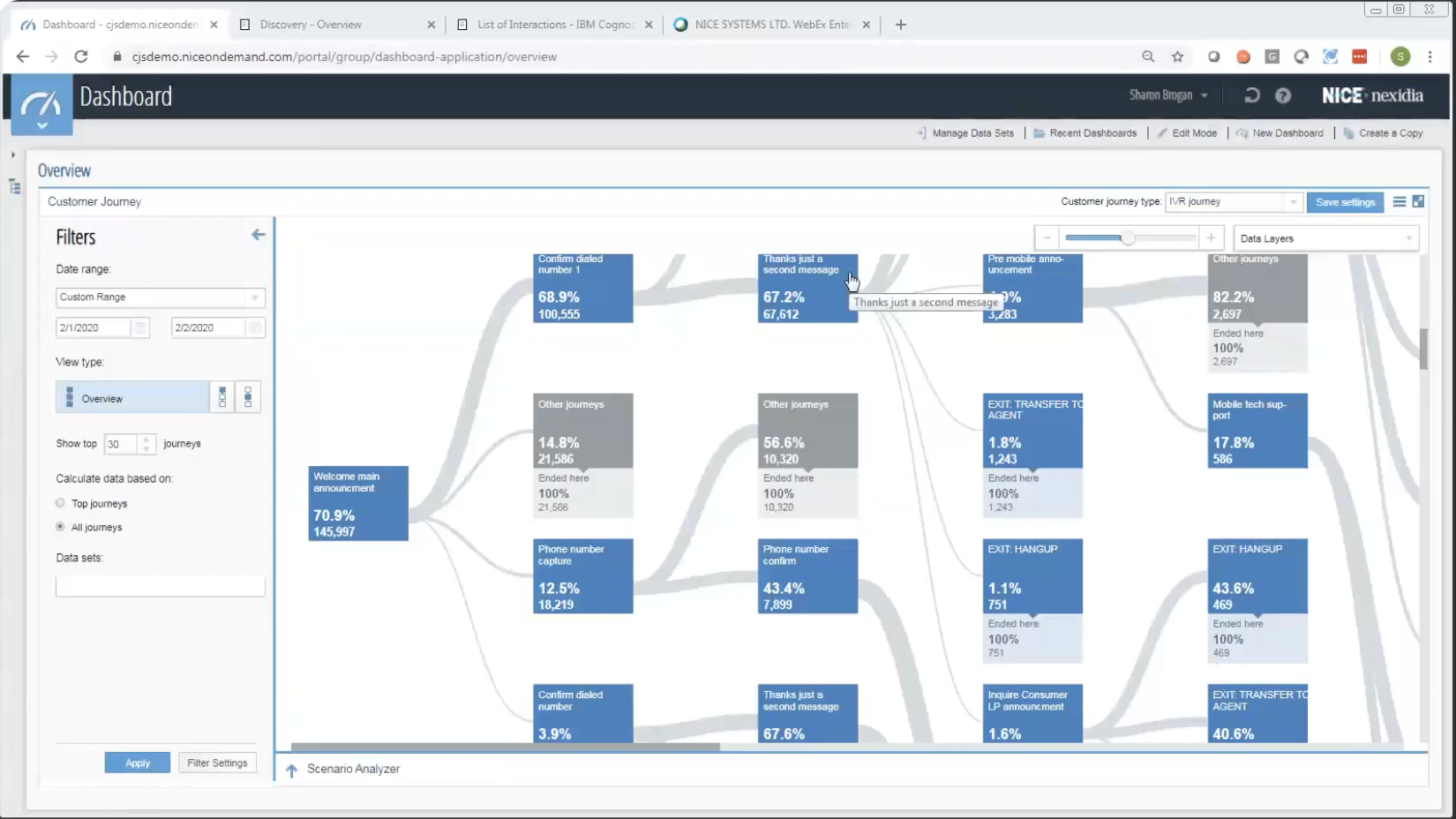 The journey overview: a flow diagram of customer paths with completion percentages at each step, and a filter panel alongside.
