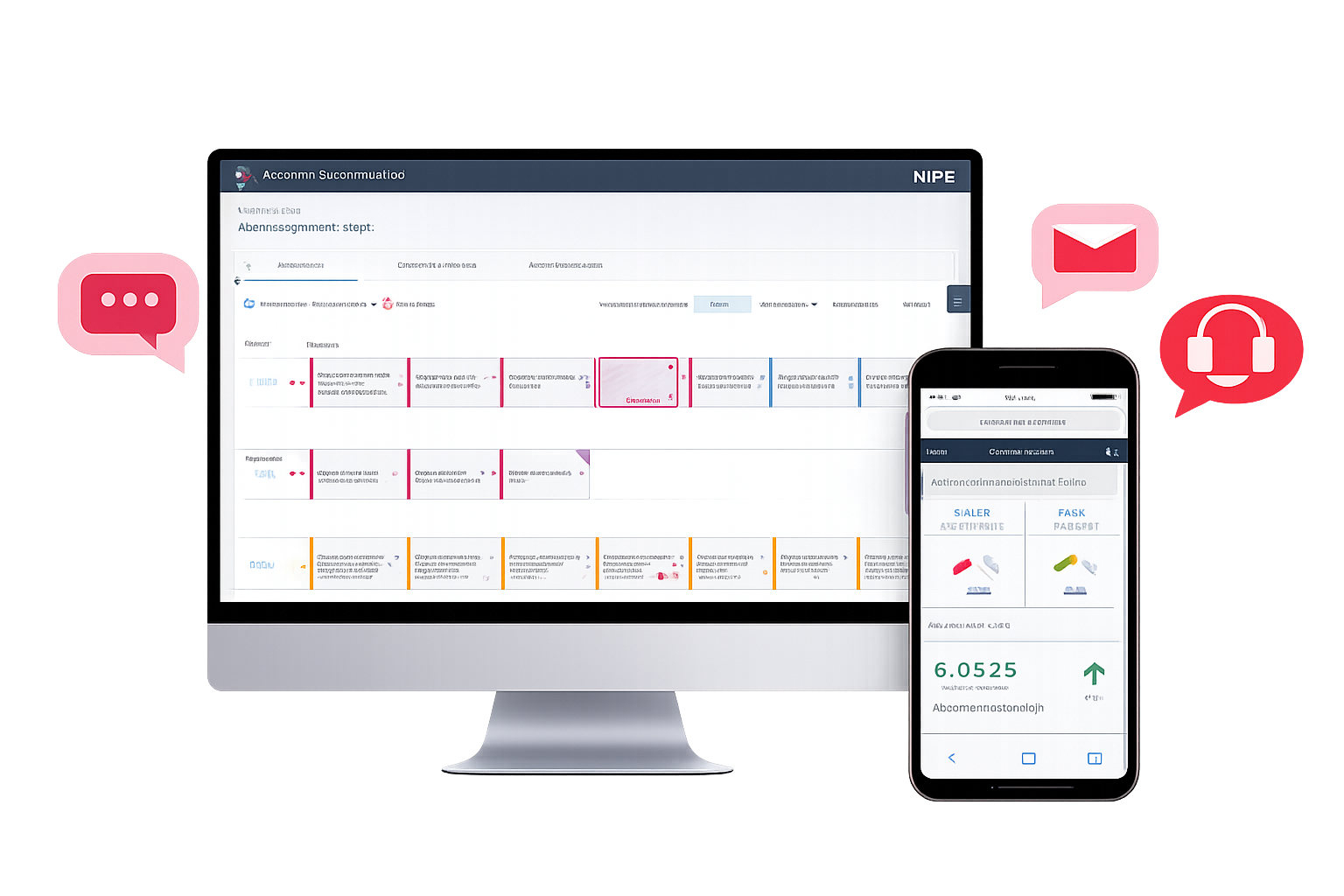 The customer engagement analytics dashboard on desktop and mobile, surrounded by web, email and contact-centre channel icons.