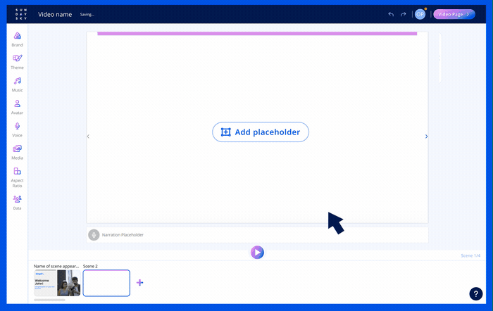 Animation of a custom scene being built: adding a placeholder, positioning it and scaling it.