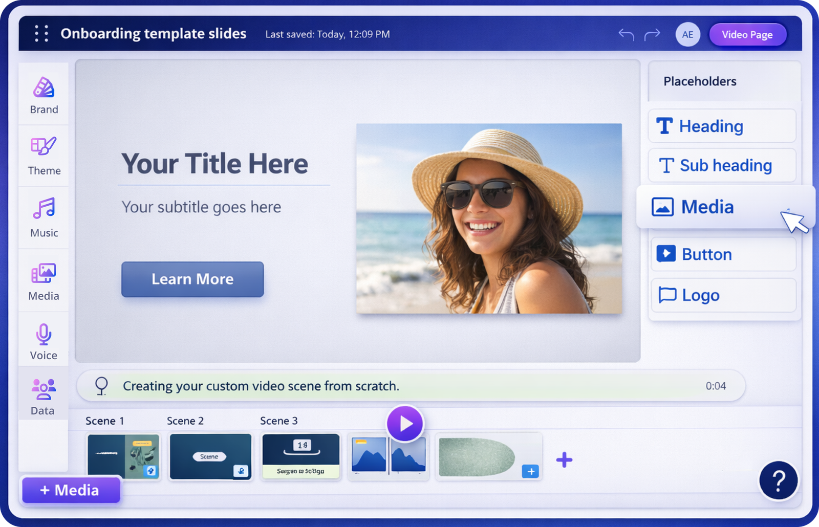 The studio with a blank custom scene open: a placeholder library popover offering Heading, Sub heading, Media, Button and Logo, and the scene lineup along the bottom.
