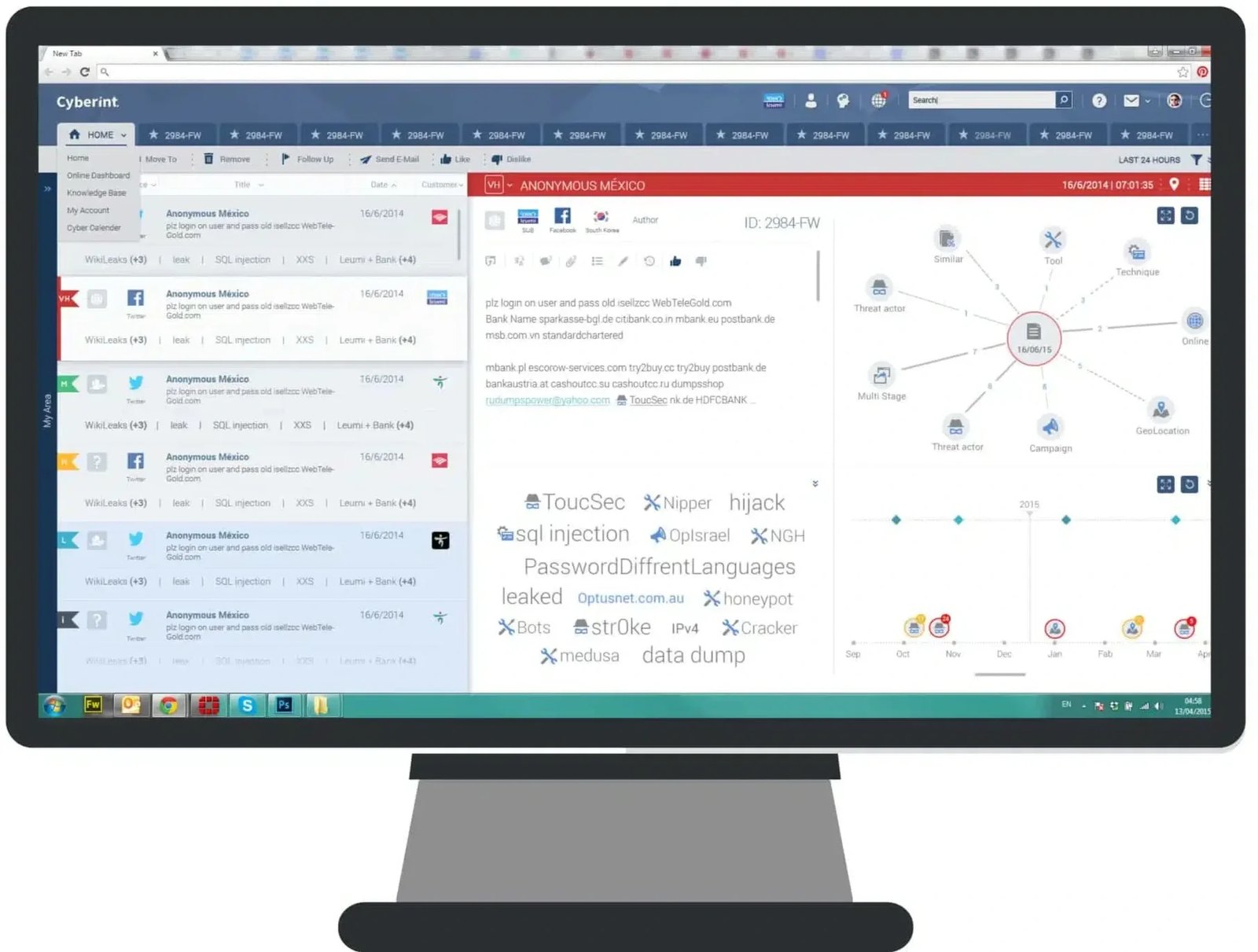 Argos on screen: the indicator list, the selected threat's detail, and a link-analysis graph of connected entities.