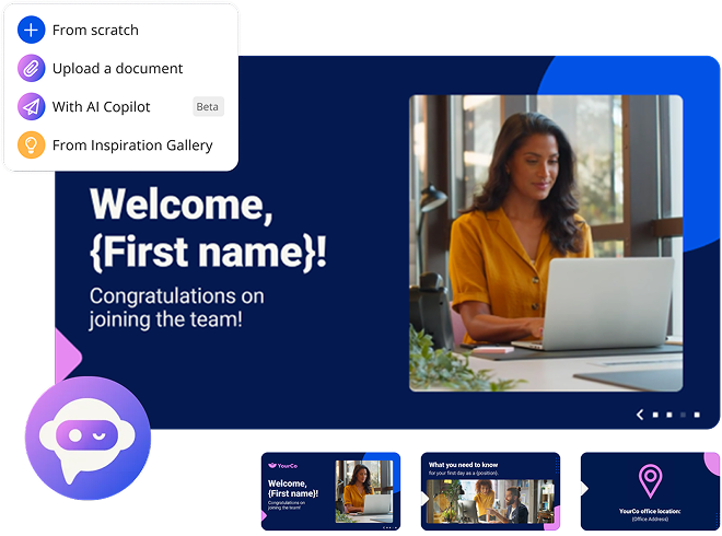 A generated welcome video beside the creation menu offering From scratch, Upload a document, With AI Copilot, and From Inspiration Gallery.