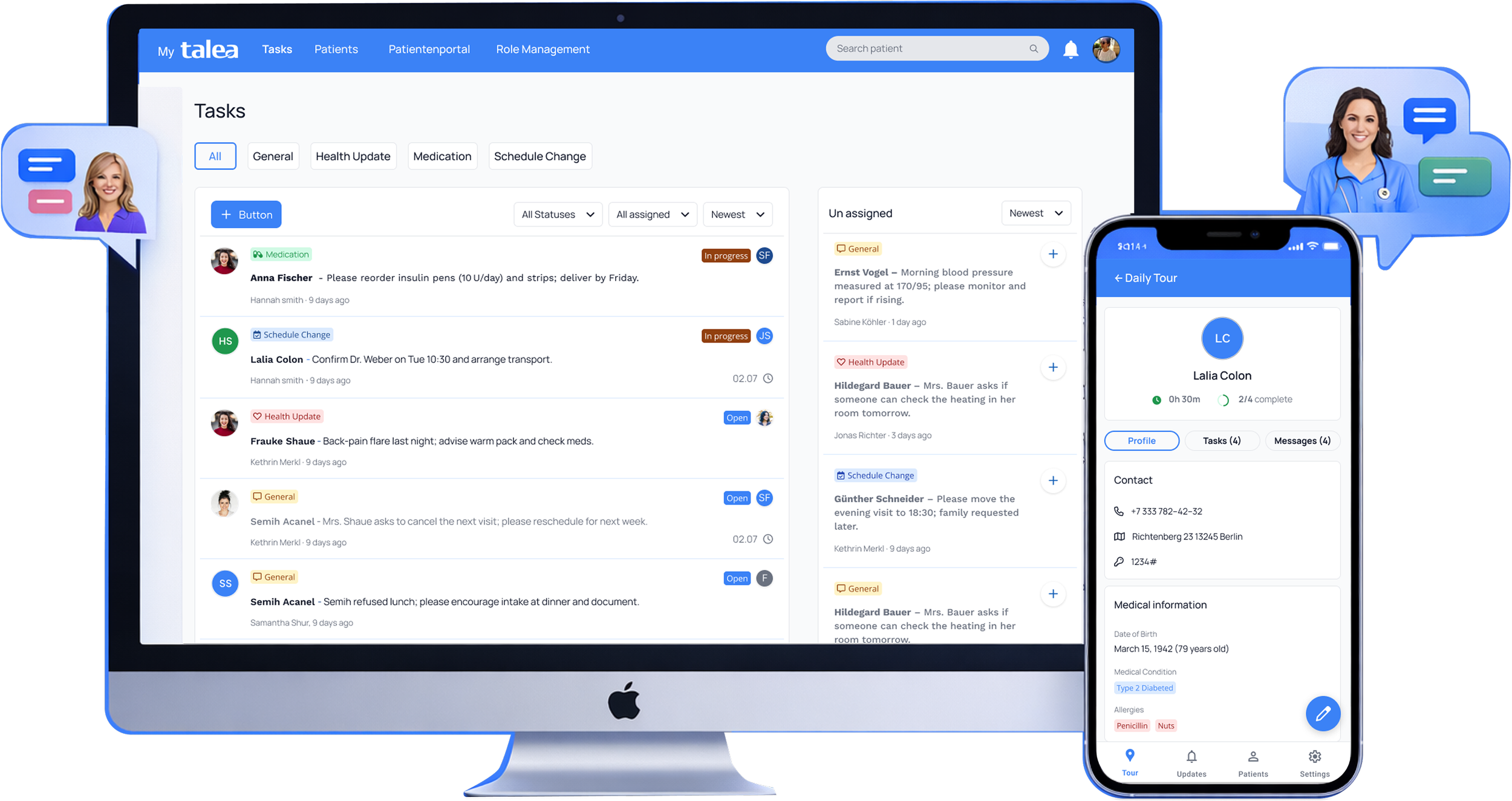 The Talea desktop task board beside the caregiver mobile app, with messages passing between office staff and carers in the field.