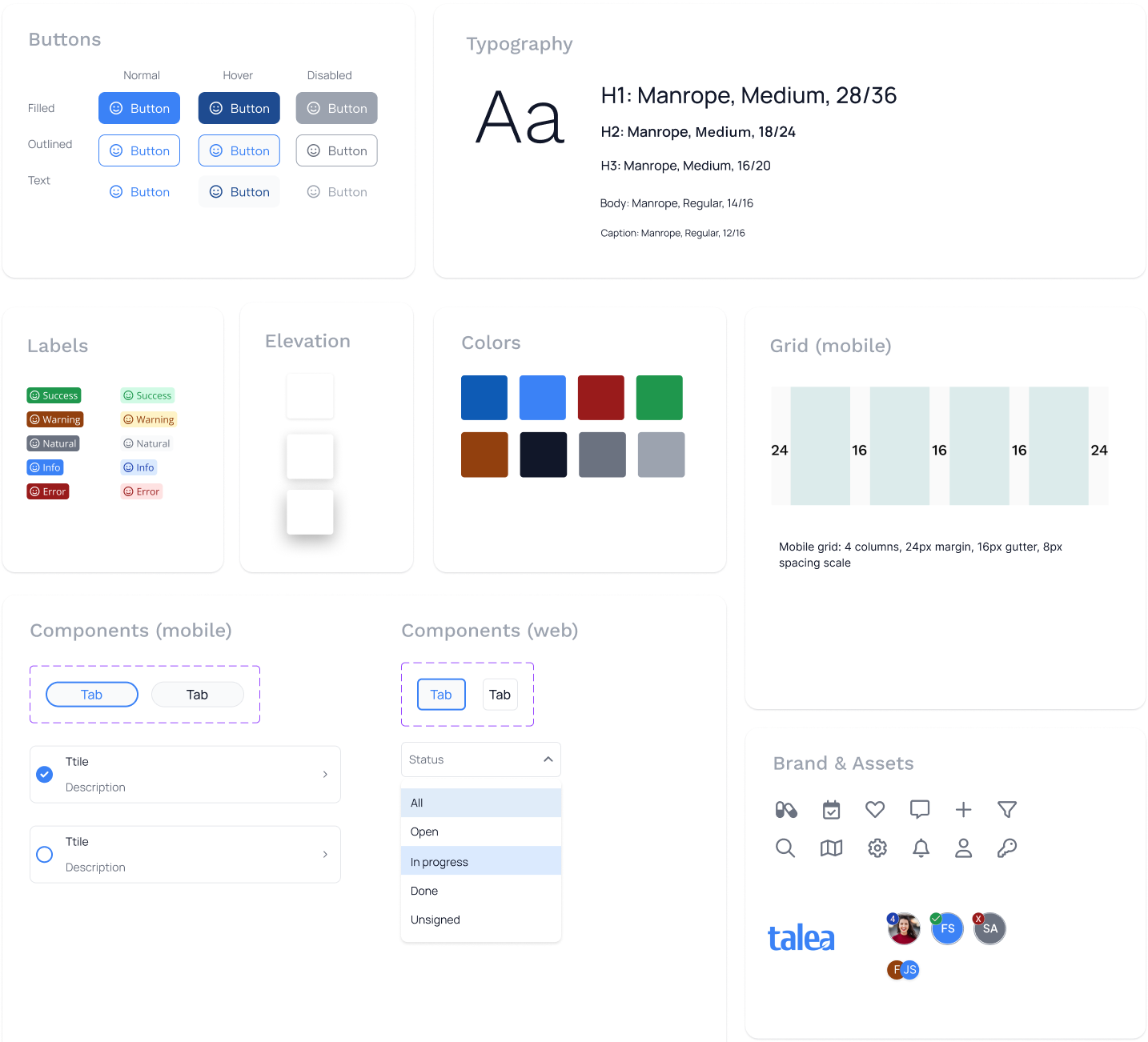 The Talea design system: components customised for caregiver workflows.