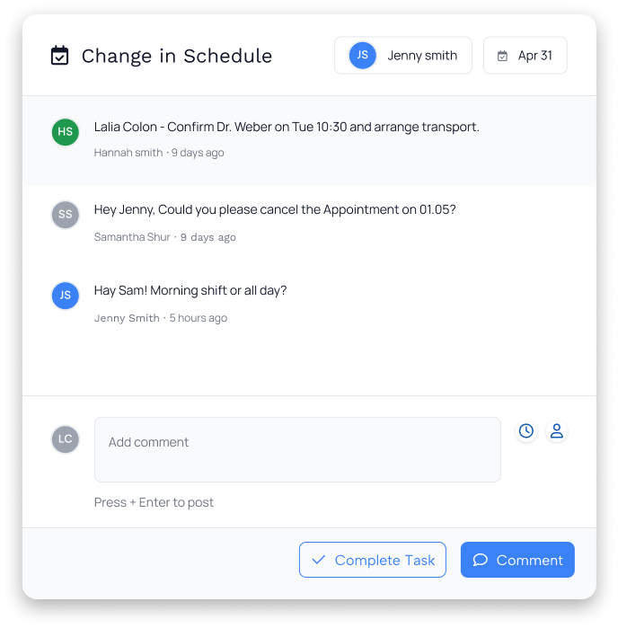 The task dialog: metadata at the top, a single conversation timeline beneath.
